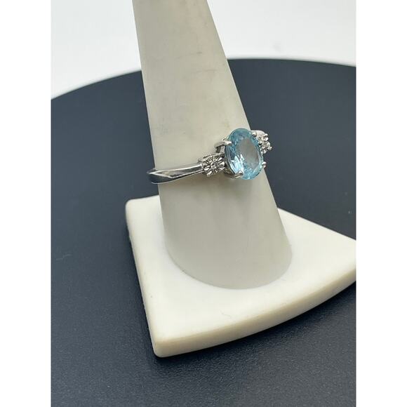 FAS Oval Prong Sky Blue Topaz Diamond 925 Sterling Silver Rhodium Ring Sz 9.5 - Picture 3 of 9